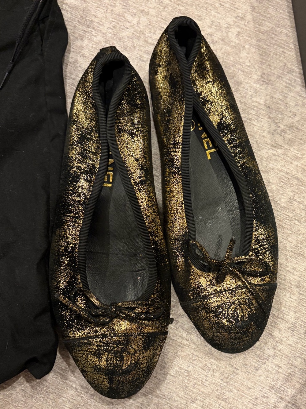 Chanel Metallic Black and Gold Ballet Flats - Women's Slip-On Flats